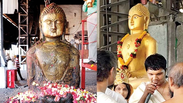 Devotees worship the idol with flowers; final touches being given to the idol made of five metals