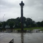 Brahmastambha in front of the Bahubali idol at Dharmasthala.