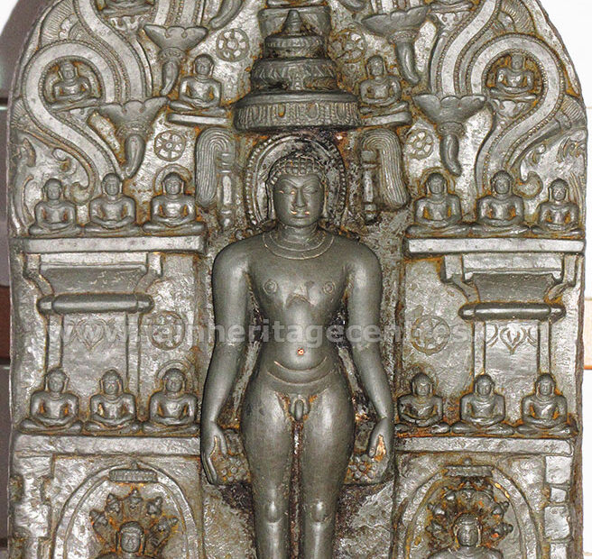 Ancient idol of Tirthankar Adinath in Kayotsarga along with Choubis, 11th-12th Century A.D., Sri Adinath Basadi, Navalgund, Dharwad District, Karnataka, India.