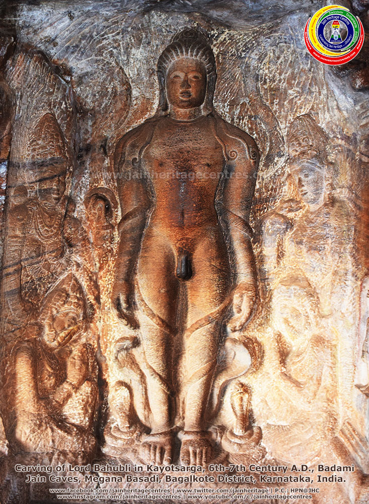 Carving of Lord Bahubli in Kayotsarga, 6th-7th Century A.D., Badami Jain Caves, Megana Basadi, Bagalkote District, Karnataka, India.