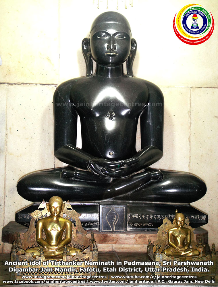 Ancient idol of Tirthankar Neminath in Padmasana, Sri Parshwanath Digambar Jain Mandir, Fafotu, Etah District, Uttar Pradesh, India.