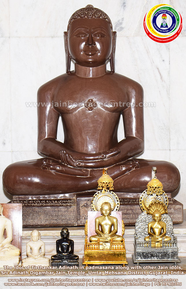 The idol of Tirthankar Adinath in padmasana along with other Jain idols, Sri Adinath DigambarJain Temple, Mehsana District, Gujarat, India.