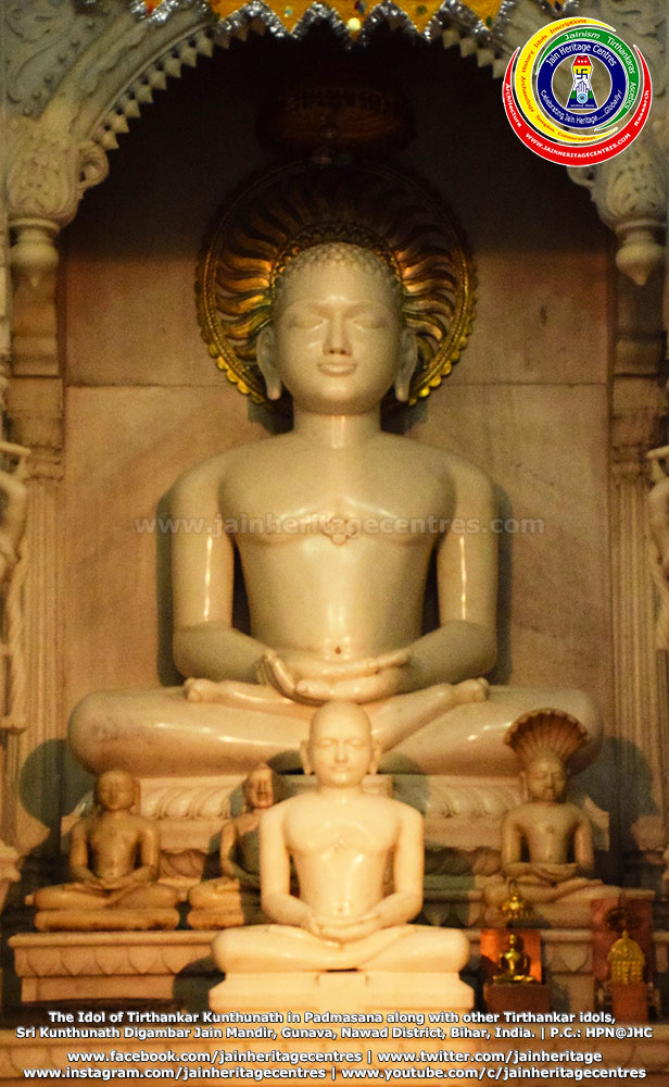 Idol of Tirthankar Kunthunath in Padmasana along with other Tirthankar idols, Sri Kunthunath Digambar Jain Mandir, Gunava, Nawad District, Bihar, India.