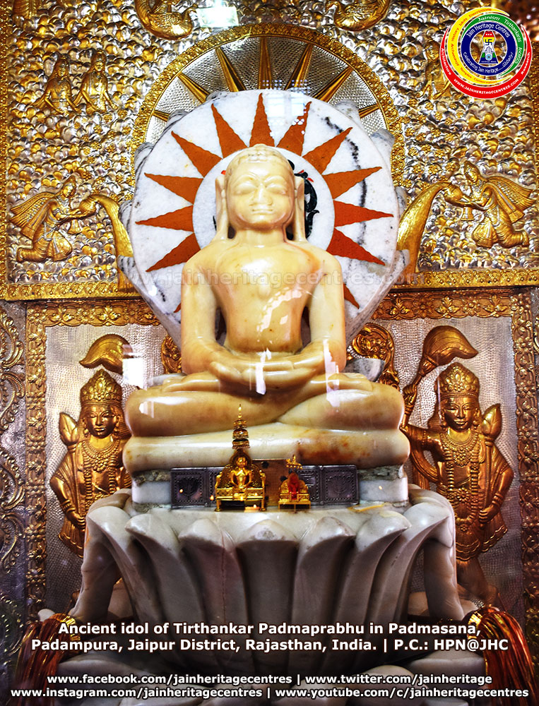 Ancient idol of Tirthankar Padmaprabhu in Padmasana, Padampura, Jaipur District, Rajasthan, India.