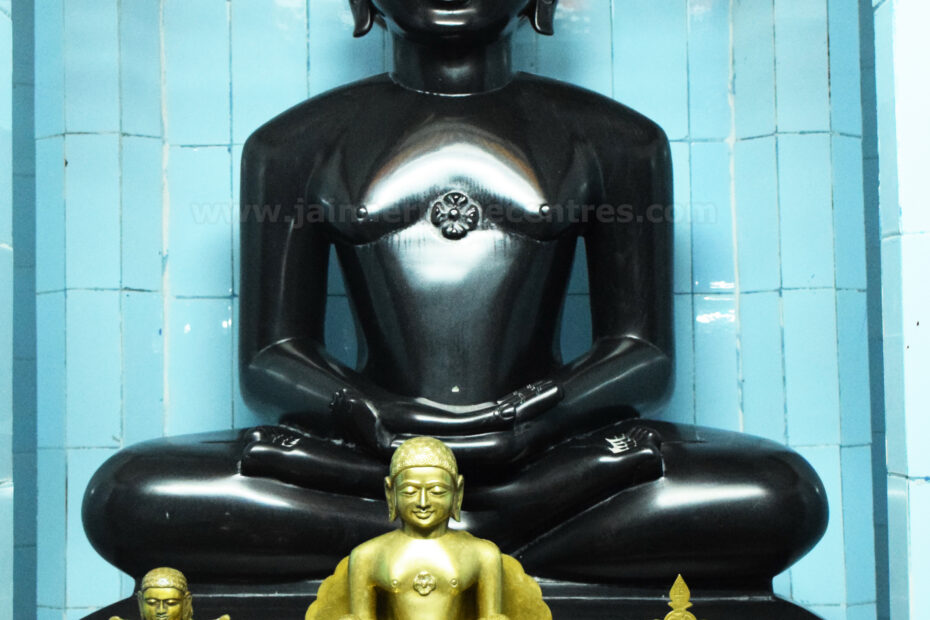 Idol of Tirthankar Mahavir in Padmasana along with other Jain idols, Sri Mahavir Swamy Digambar Jain Temple, Arni, Tiruvannamalai District, Tamil Nadu, India.