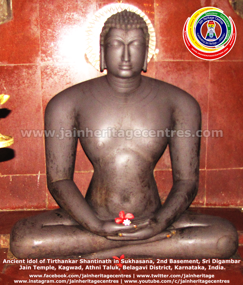 Ancient idol of Tirthankar Shantinath in Sukhasana, 2nd Basement, Sri Digambar Jain Temple, Kagwad, Athni Taluk, Belagavi District, Karnataka, India.