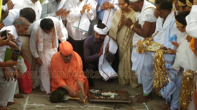 Pooja for carving another row of steps for Vindhyagiri Hillock at Shravanabelagola.